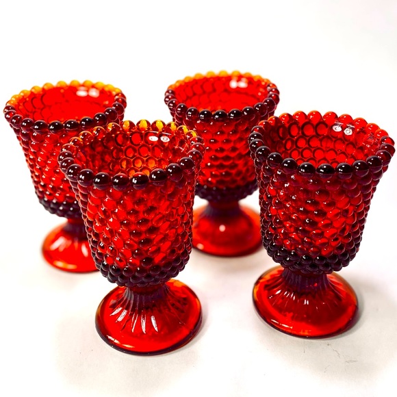 Fenton Accents Vintage Red Amberina Hobnail Fenton Glass Pedestal Footed Candle Holders Chip